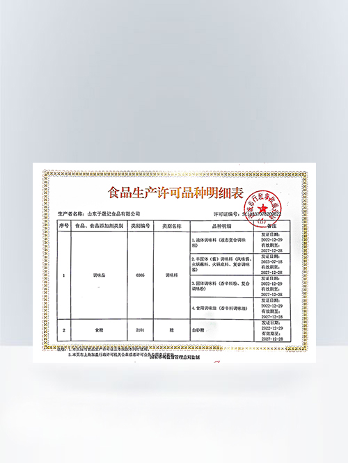 调味品、食糖等类别食品生产许可品种明细表